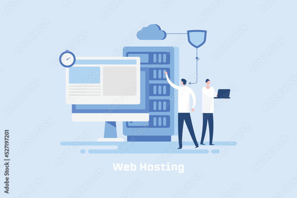 Poster web hosting concept. it professional people managing cloud web server, communication technology.