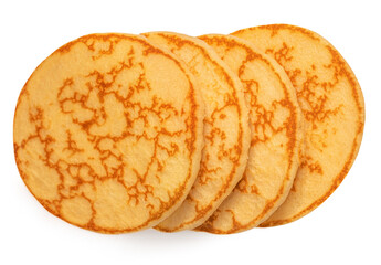 Heap of  fluffy pancakes isolated on white background. Pancakes for breakfast top view.