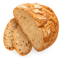  Bread loaf with  slices viewed from above isolated on white background. Top view.