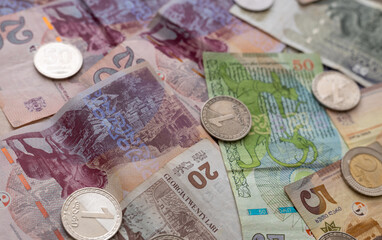Georgian money close up. Larry. Paper Georgian money and coins. inflation, crisis