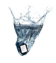Digital watch in water splashes demonstrating its waterproof,on white background.