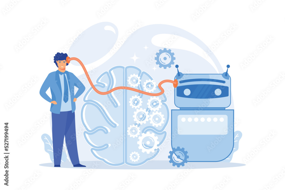 Poster modern robot artificial intelligence connected to human brain. augmented intelligence, human intelli