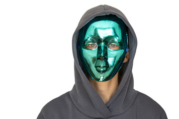 A girl in a plastic full-face mask and in a hood on an isolated background, anonymity, hide