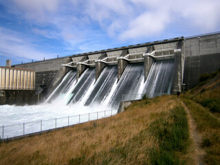 Aviemore Hydro Power Dam with spillways open, Lake Aviemore, Otago, New Zealand