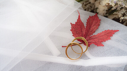 Red maple leaf with wedding rings on white background. Engagement gold ring with diamond on autumn...