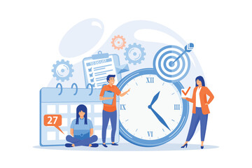 Fototapeta na wymiar Work schedule, timetable managing. Workflow organization. Effective work scheduling. Time management, effective time spending, time planning concept. flat vector modern illustration