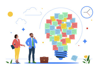 Businessman and woman discover solution, business people brainstorm with sticky notes. Ideation, brainstorming to gather new idea. Vector illustration.