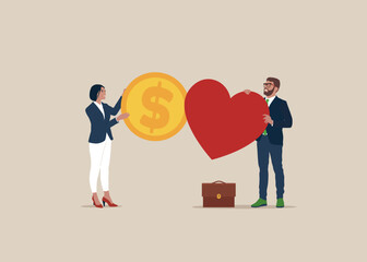 Businessman and woman Donate Money and Heart Charity, Social Aid, Donation Support, Volunteer Sponsorship Service, Volunteering Humanitarian Team. Vector Illustration.