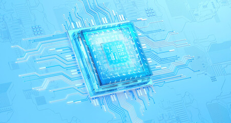 3D rendering of cyberpunk AI. Circuit board. Technology background. Central Computer Processors CPU and GPU concept. Motherboard digital chip. Tech science background.