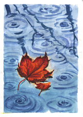 Watercolor rain droplet circle splashes in puddle with dry orange leaf. Falling dripping colorful leaves on a puddle. Autumn, sad, moody and dramatic background.