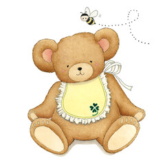 エプロンつけたかわいいテディベアとハチ　手描きイラスト