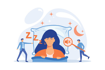 Businessman sleeping in bed and snoring, angry awake tiny people listening. Night snoring, sleep apnea syndrome, snoring and apnea treatment concept. flat vector modern illustration - obrazy, fototapety, plakaty