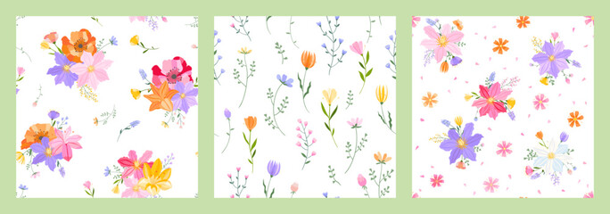 Vector floral seamless pattern. Set of leaves, wildflowers, twigs, floral arrangements. Beautiful compositions of field grass and bright spring flowers on white background.