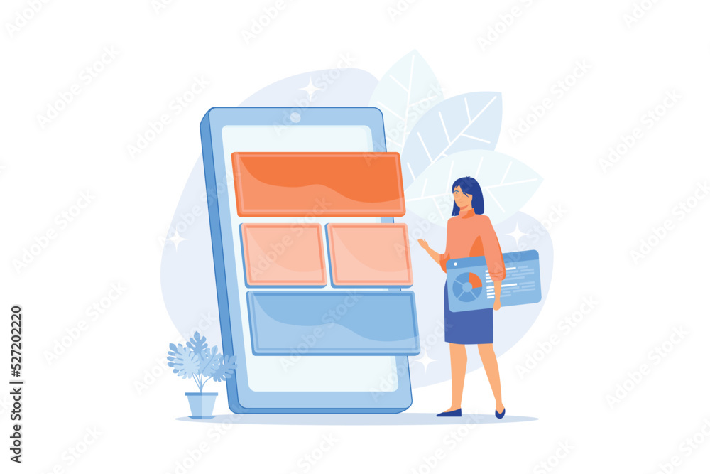 Poster mobile software optimization, ui, ux development. smartphone app interface designing. devops, woman 