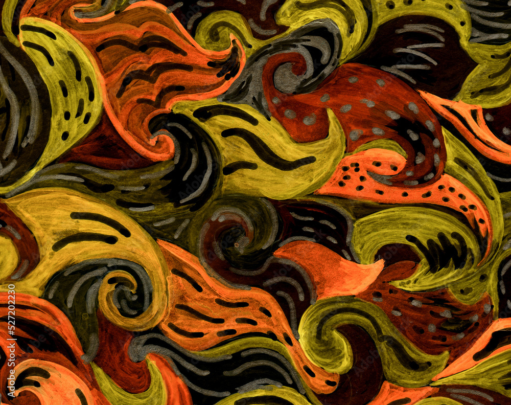 Poster colorful waves, curls connect and intersect with each other on a black background. abstract handmade