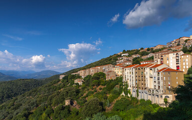 Summer landscape of Corsica, France. Sartene town view