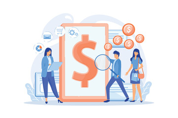 Clients with magnifier get e-invoicing and pay bills online. E-invoicing service, electronic invoicing, e-billing system and e-economy tools concept.flat vector modern illustration