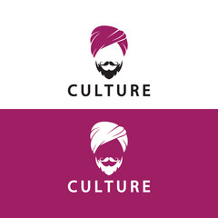 Turban Mustache India Indian logo design vector illustration. Logo of a man's face with a Beard and hat typical of the traditional Indian country.