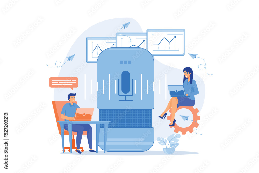 Poster smart speaker used by office workers. smart office controller and voice commands, voice controlled o
