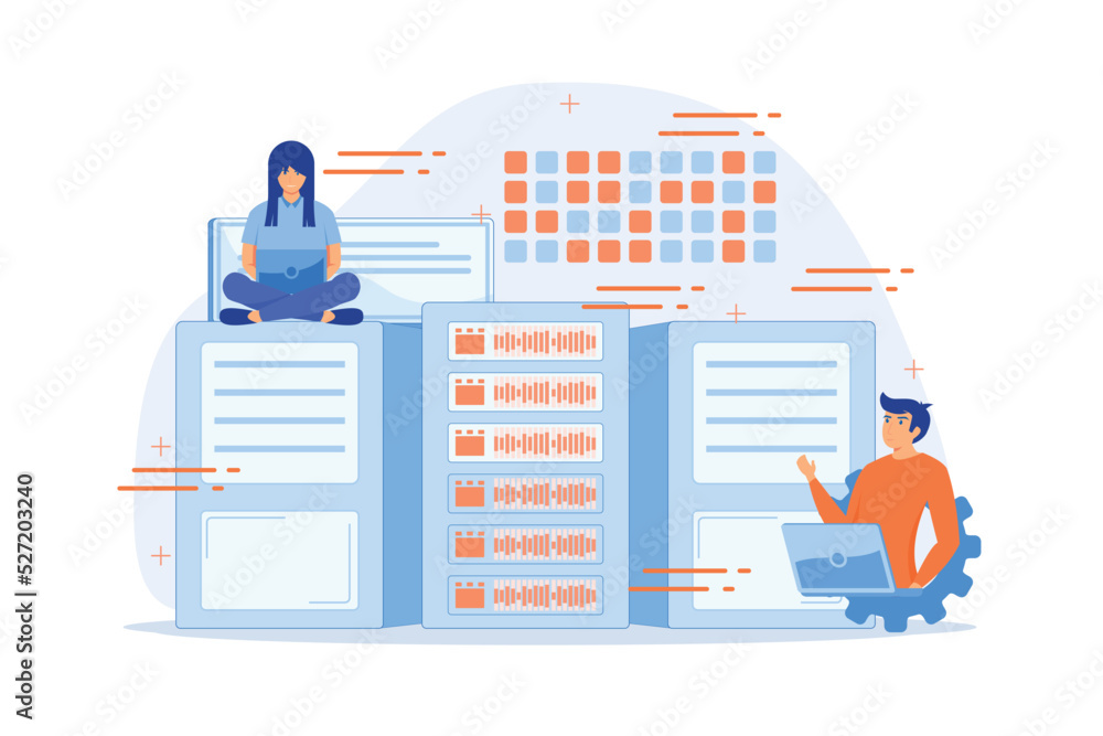 Aufkleber database analysts with laptops working with data in the center. big data storage, big data architect