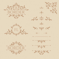Set of decorative elements in classical style. Floral ornamental monogram frames and borders, corners. Graphic design pages.