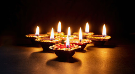 Diwali, Deepavali Hindu festival of lights. Diya lamp lit on black, copy space