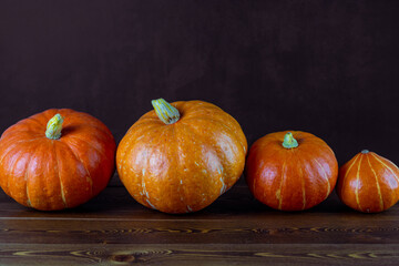 Bright ripe pumpkins stand in a line on a wooden dark background.