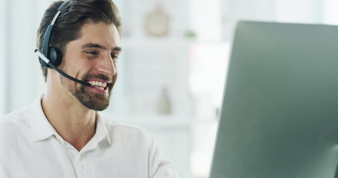 Support call center agent working, helping and consulting with online IT, tech software or telemarketing. Male ecommerce or contact us worker talking with headset, virtual assistance to website user