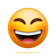 3D Yellow Laugh Emoticon Isolated. Render Laughing Smiling Emoji. Happy Lots of Laugh Face LOL. Communication, Web, Social Network Media, App Button. Realistic Vector Illustration