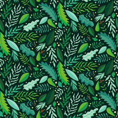 Fototapeta na wymiar Green herbs seamless pattern. Leaves, wildflowers and berries. Vector illustration with different plants and branches on dark green background.