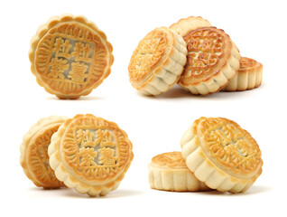 Mid-Autumn Festival moon cake on white background（Non-English texts translation :Five kernels, purple potato, chestnut）