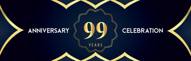 99 years anniversary celebration logo with gold decorative frames on dark blue background. Premium design for booklet, banner, weddings, happy birthday, greetings card, graduation, ceremony, jubilee.