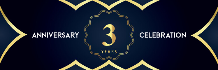 3 years anniversary celebration logo with gold decorative frames on dark blue background. Premium design for booklet, banner, weddings, happy birthday, greetings card, graduation, ceremony, jubilee.
