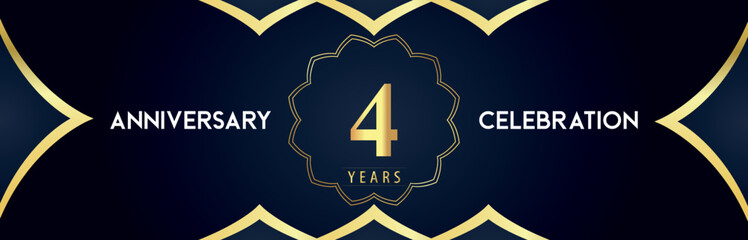 4 years anniversary celebration logo with gold decorative frames on dark blue background. Premium design for booklet, banner, weddings, happy birthday, greetings card, graduation, ceremony, jubilee.