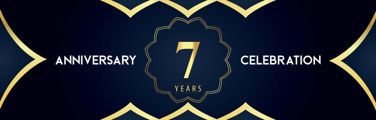 7 years anniversary celebration logo with gold decorative frames on dark blue background. Premium design for booklet, banner, weddings, happy birthday, greetings card, graduation, ceremony, jubilee.