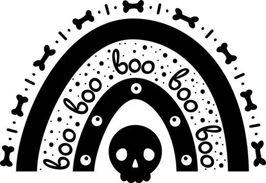 Black Halloween Clipart with no background. Rainbow with skulls and flowers to decorate design Halloween and Day of the Dead in Mexican style
