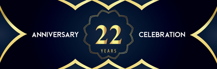 22 years anniversary celebration logo with gold decorative frames on dark blue background. Premium design for booklet, banner, weddings, happy birthday, greetings card, graduation, ceremony, jubilee.