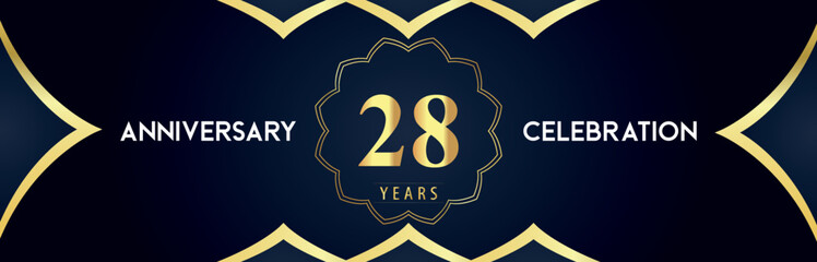 28 years anniversary celebration logo with gold decorative frames on dark blue background. Premium design for booklet, banner, weddings, happy birthday, greetings card, graduation, ceremony, jubilee.