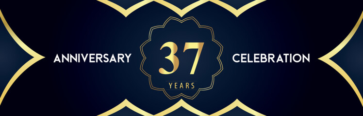 37 years anniversary celebration logo with gold decorative frames on dark blue background. Premium design for booklet, banner, weddings, happy birthday, greetings card, graduation, ceremony, jubilee.