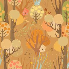 Seamless Pattern with Autumn Colorful Trees on Brown Background