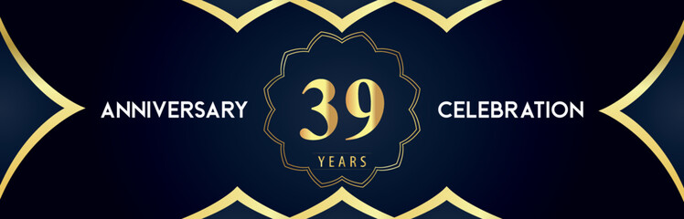39 years anniversary celebration logo with gold decorative frames on dark blue background. Premium design for booklet, banner, weddings, happy birthday, greetings card, graduation, ceremony, jubilee.
