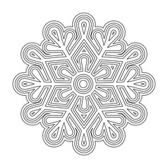Winter coloring book page for adult. Decorative openwork snowflake. Black and white vector illustration