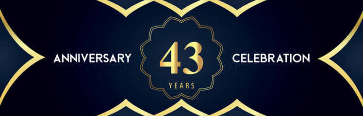 43 years anniversary celebration logo with gold decorative frames on dark blue background. Premium design for booklet, banner, weddings, happy birthday, greetings card, graduation, ceremony, jubilee.