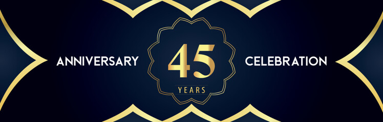 45 years anniversary celebration logo with gold decorative frames on dark blue background. Premium design for booklet, banner, weddings, happy birthday, greetings card, graduation, ceremony, jubilee.