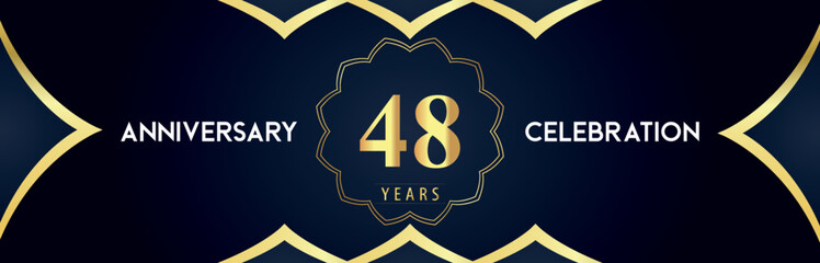 48 years anniversary celebration logo with gold decorative frames on dark blue background. Premium design for booklet, banner, weddings, happy birthday, greetings card, graduation, ceremony, jubilee.