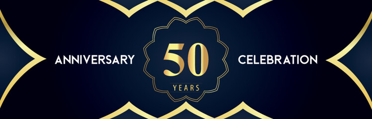 50 years anniversary celebration logo with gold decorative frames on dark blue background. Premium design for booklet, banner, weddings, happy birthday, greetings card, graduation, ceremony, jubilee.