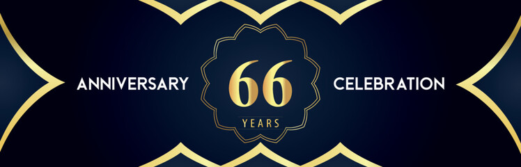 66 years anniversary celebration logo with gold decorative frames on dark blue background. Premium design for booklet, banner, weddings, happy birthday, greetings card, graduation, ceremony, jubilee.