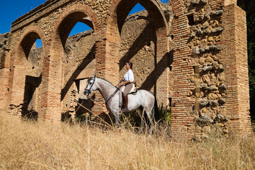 Young and beautiful Spanish woman on a Thoroughbred horse for competition. The woman has gone out...