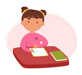 Children's daily routine vector illustration. Cute cheerful girl doing a homework. Scheduler. Ideal for children's calendars, posters, day planners and diaries.