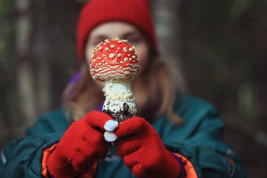 person fly agaric, woman holding fly agaric, dangerous poisonous mushroom, eating herbal medicine